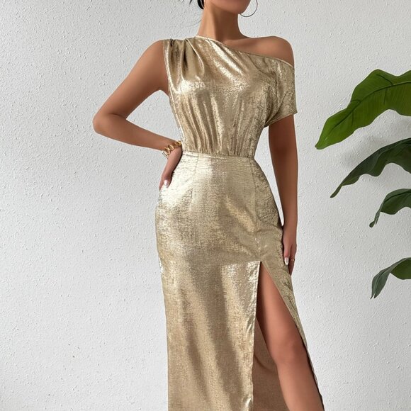 Slit One Shoulder Short Sleeve Midi Dress - Picture 1 of 9